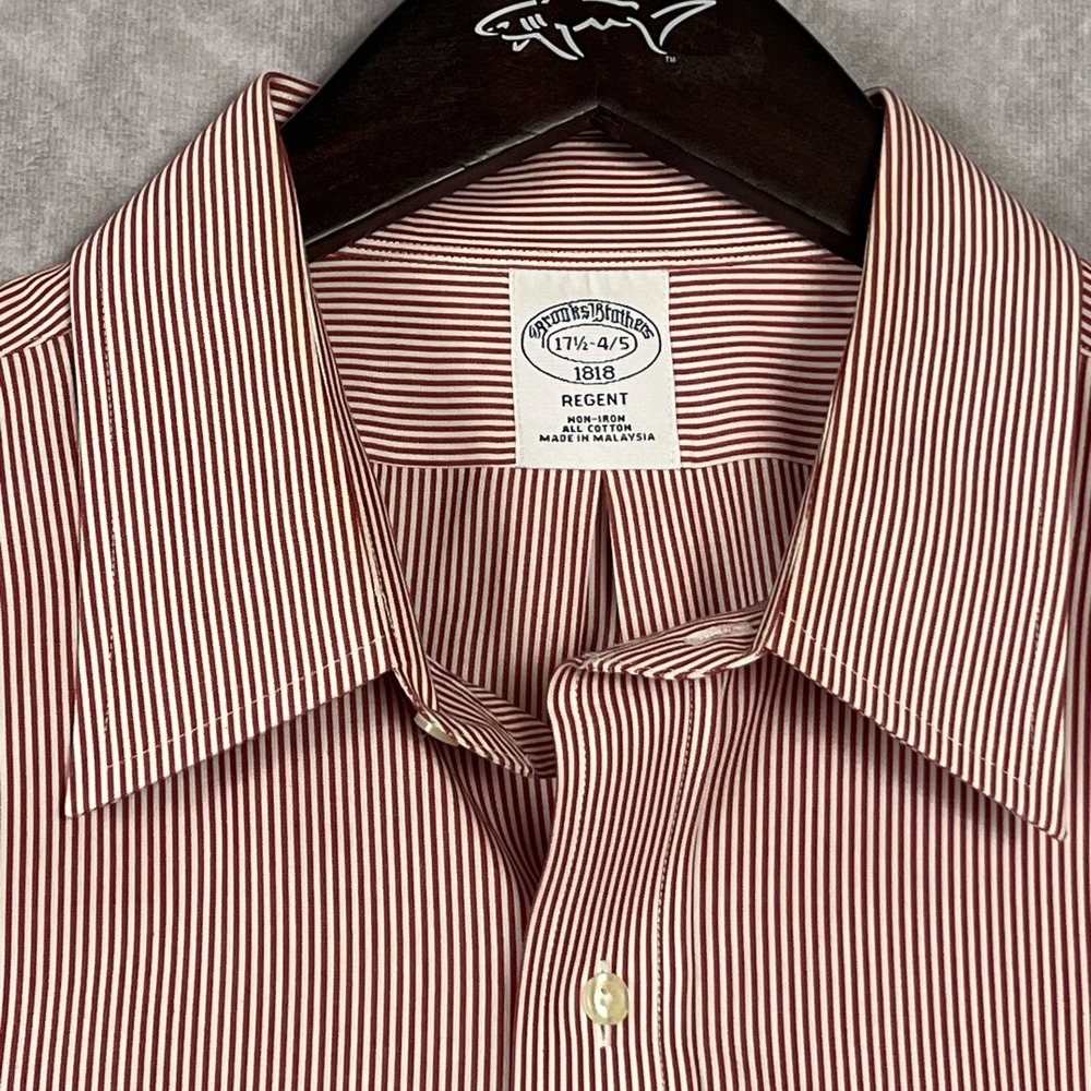 Brooks Brothers 1818 Regent Shirt Men 17.5 4/5 Red White Stripe Non Iron